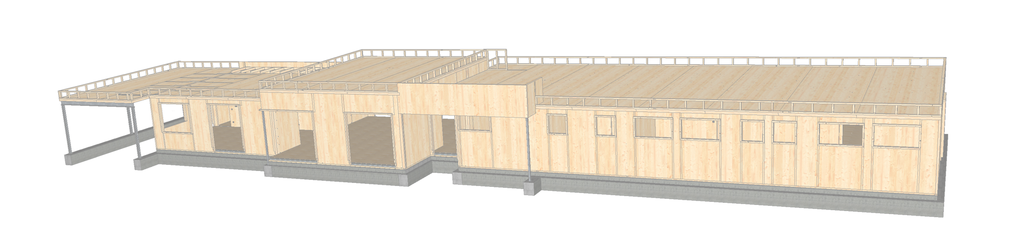 3D-Modell eines langgestreckten eingeschossigen CLT-Gebäudes