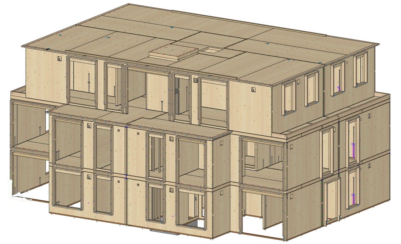 3D-Modell eines Mehrfamilienhauses in Oldenburg mit allen CLT-Wand- und Deckenelementen